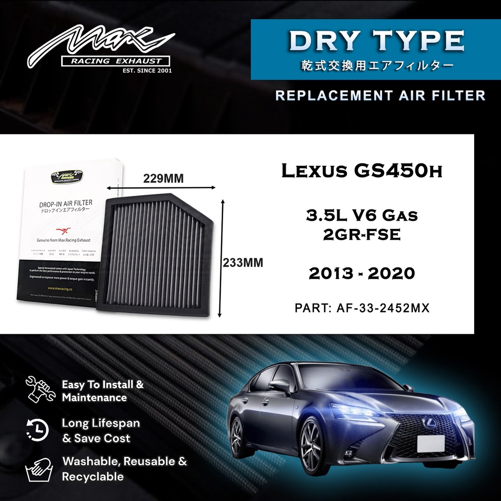 Lexus GS450h 3.5L V6 แก๊ส 2GR-FSE 2013-2020 33-2452MX Max Racing Exhaust Performance Drop-in แห้งประ