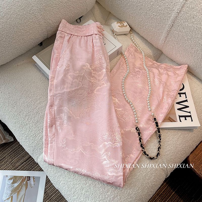 กางเกงขากว้าง เอวสูง ทรงตรง ทรงหลวม สีชมพู สไตล์จีน แฟชั่นคลาสสิก สําหรับผู้หญิง - รูปที่ 3