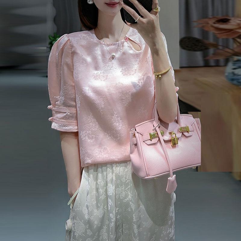 เสื้อเชิ้ตแขนสั้น แขนพอง ขนาดใหญ่ สีชมพู สไตล์จีน สําหรับผู้หญิง