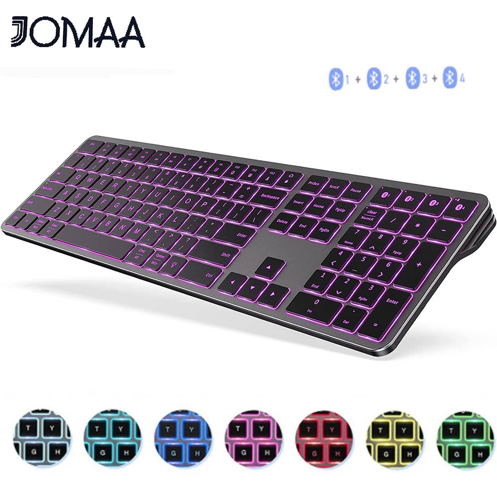 Jomaa Backlit คีย์บอร์ดบลูทูธไร้สาย หลายอุปกรณ์ ชาร์จแบ็คไลท์ สําหรับแล็ปท็อป แท็บเล็ต