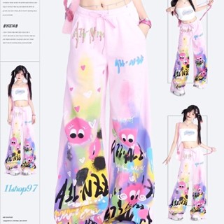 [สินค้าใหม่ในรายการ] ถนนสูงสายรุ้ง Graffiti กางเกงขากว้าง, หล่อกางเกงลำลองหลวมแสดงกางเกงผอม