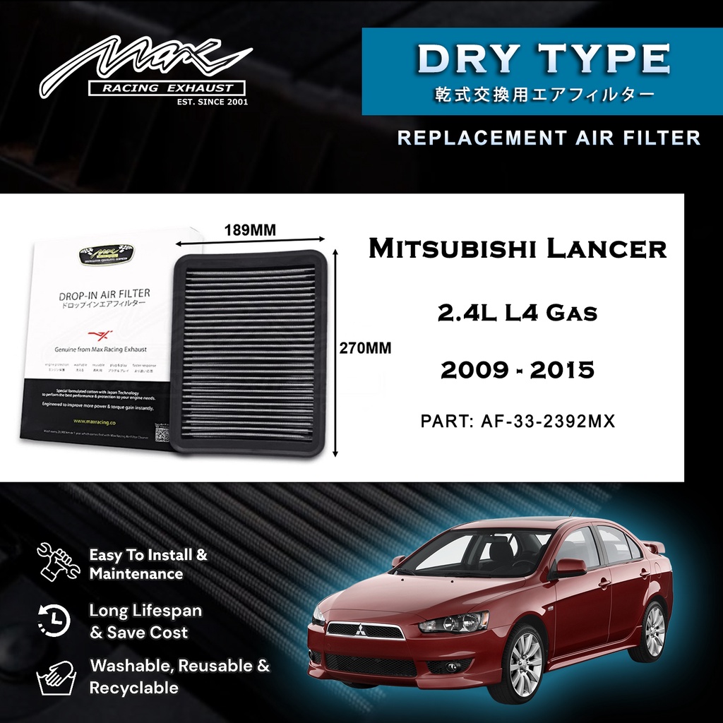 Mitsubishi Lancer 2.4L L4 แก๊ส 2009 ถึง 2015 33-2392MX Max Racing Exhaust Performance Drop-in Dry Ty