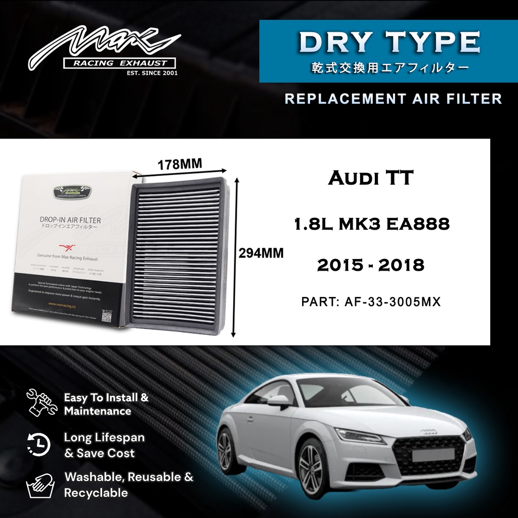 Audi TT 1.8L MK3 EA888 2015 ถึง 2018 33-3005MX Max Racing Exhaust Performance Drop-in Dry Type Air F