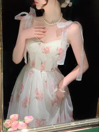 [พร้อมส่ง] ดอกไม้หัก Halter กระโปรง,Mori ผูกอารมณ์เอว Halter แม็กซี่,ฤดูร้อนใหม่ผูกเดรส