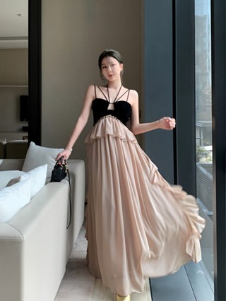 ขายร้อนแขวนคอกำมะหยี่ color color เชือกแขวนคอชุดเดรสอารมณ์ชุดวันหยุดเชือกแขวนคอชุดเดรสยาวสีชนลมเย็น