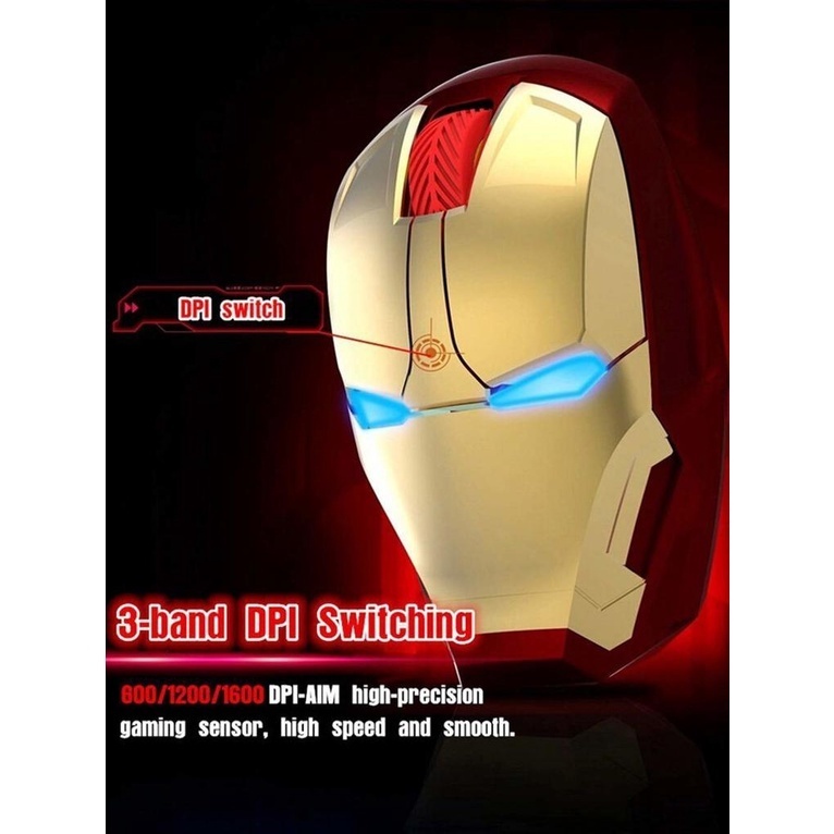 เมาส์เกมมิ่งไร้สาย รูปซุปเปอร์ฮีโร่ Marvel Iron Man ใช้แบตเตอรี่ Led ออกแบบตามสรีรศาสตร์ พร้อมตัวรับสัญญาณ Nano USB สําหรับคอมพิวเตอร์ โน๊ตบุ๊ค พีซี แล็ปท็อป
