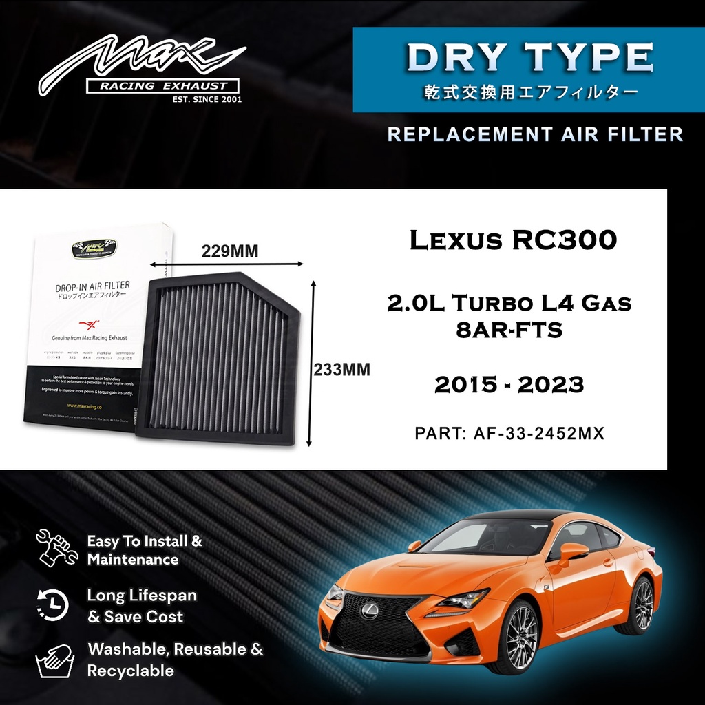 Lexus RC300 2.0L Turbo L4 แก๊ส 8AR-FTS 2015-2023 33-2452MX Max Racing Exhaust Performance Drop-in Dr