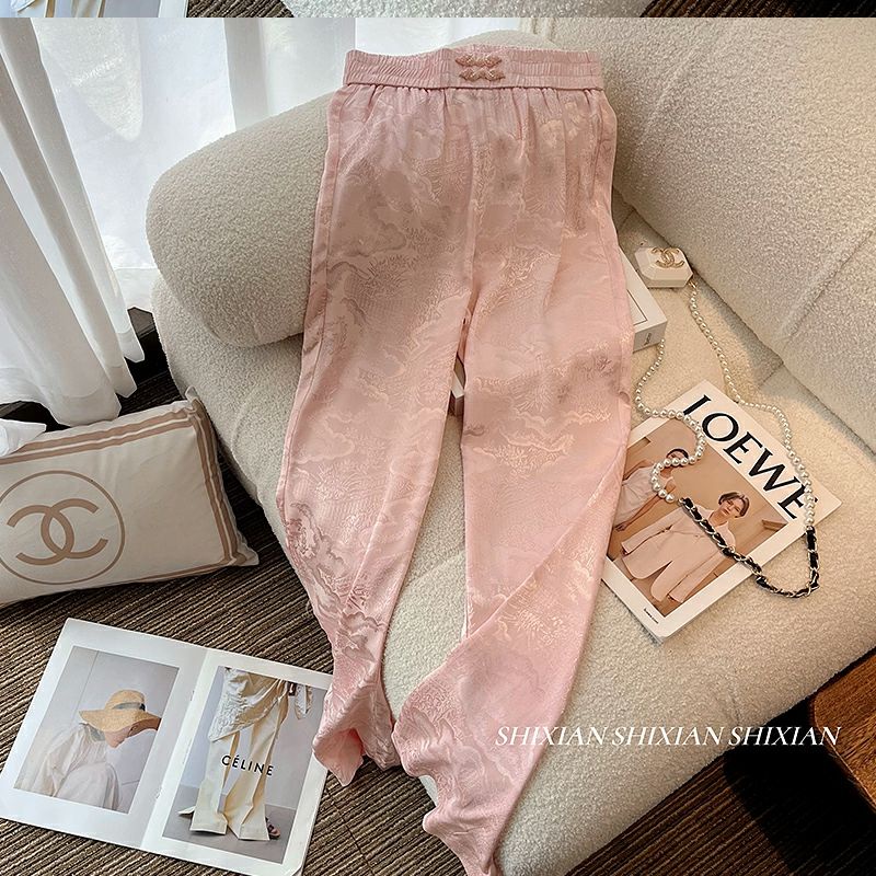 กางเกงขากว้าง เอวสูง ทรงตรง ทรงหลวม สีชมพู สไตล์จีน แฟชั่นคลาสสิก สําหรับผู้หญิง - รูปที่ 4