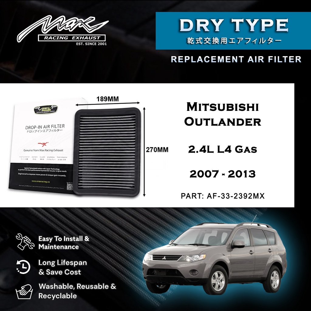 Mitsubishi Outlander 2.4L L4 แก๊ส 2007 ถึง 2013 33-2392MX Max Racing Exhaust Performance Drop-in Dry