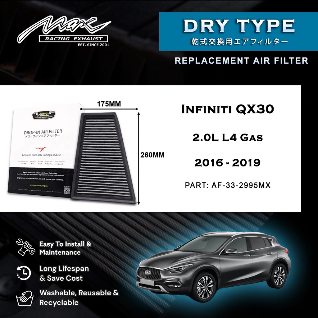 Infiniti QX30 2.0L L4 แก๊ส 2016 ถึง 2019 33-2995MX Max Racing Exhaust Performance Drop-in Dry Type A