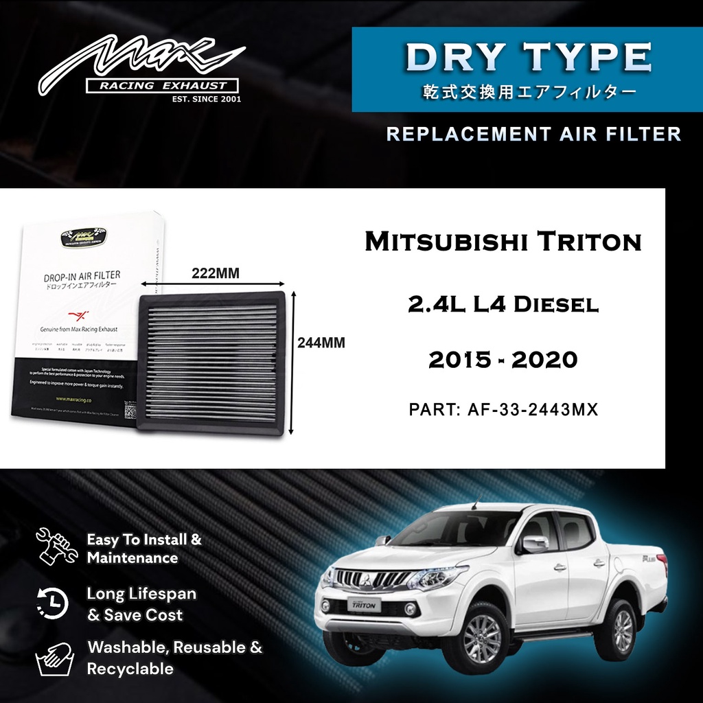 Mitsubishi Triton 2.4L L4 Diesel 2015 ถึง 2020 33-2443MX Max Racing Exhaust Performance Drop-in Dry 