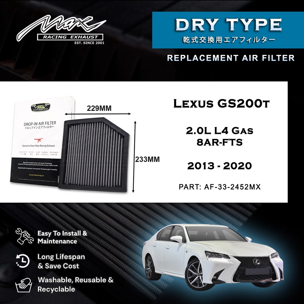 Lexus GS200t 2.0L L4 แก๊ส 8AR-FTS 2013-2020 33-2452MX Max Racing Exhaust Performance Drop-in แห้งประ