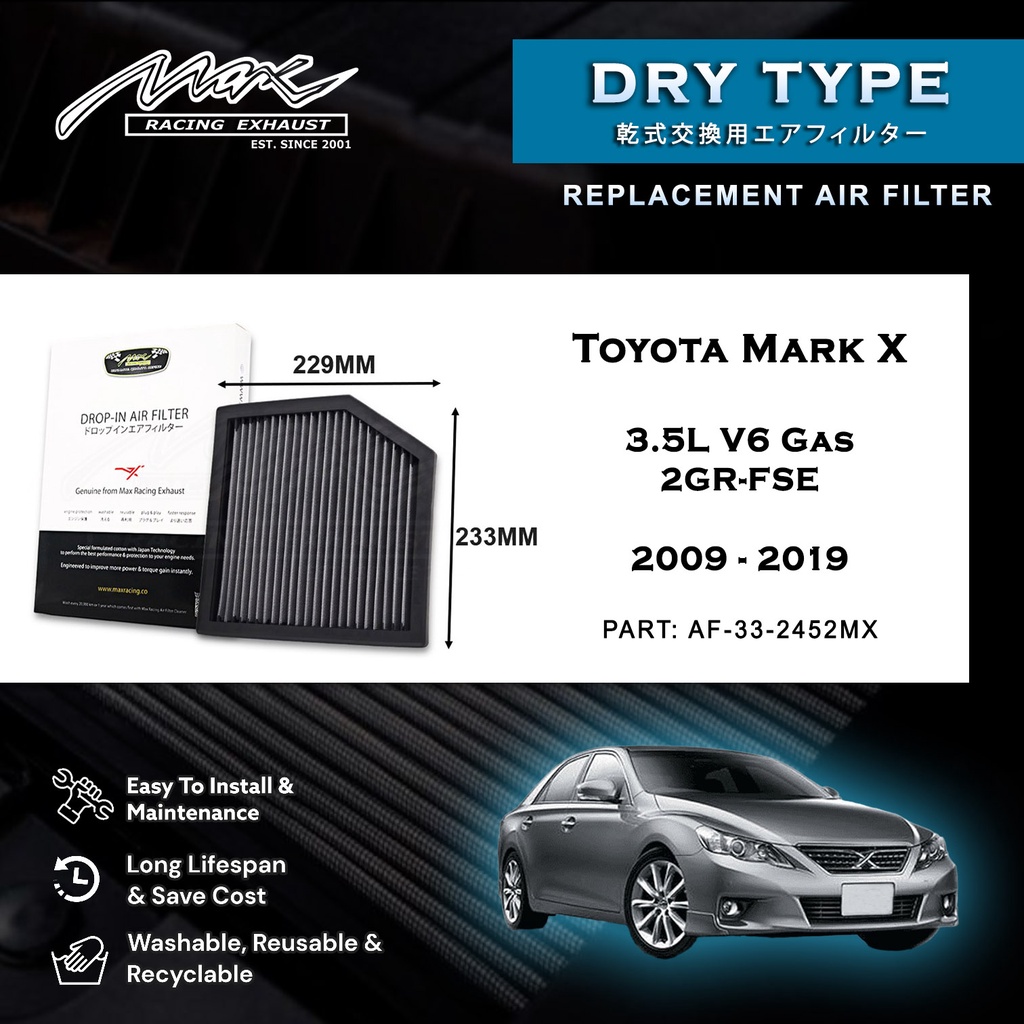 Toyota Mark X 3.5L V6 แก๊ส 2GR-FSE 2009-2019 33-2452MX Max Racing Exhaust Performance Drop-in Dry Ty