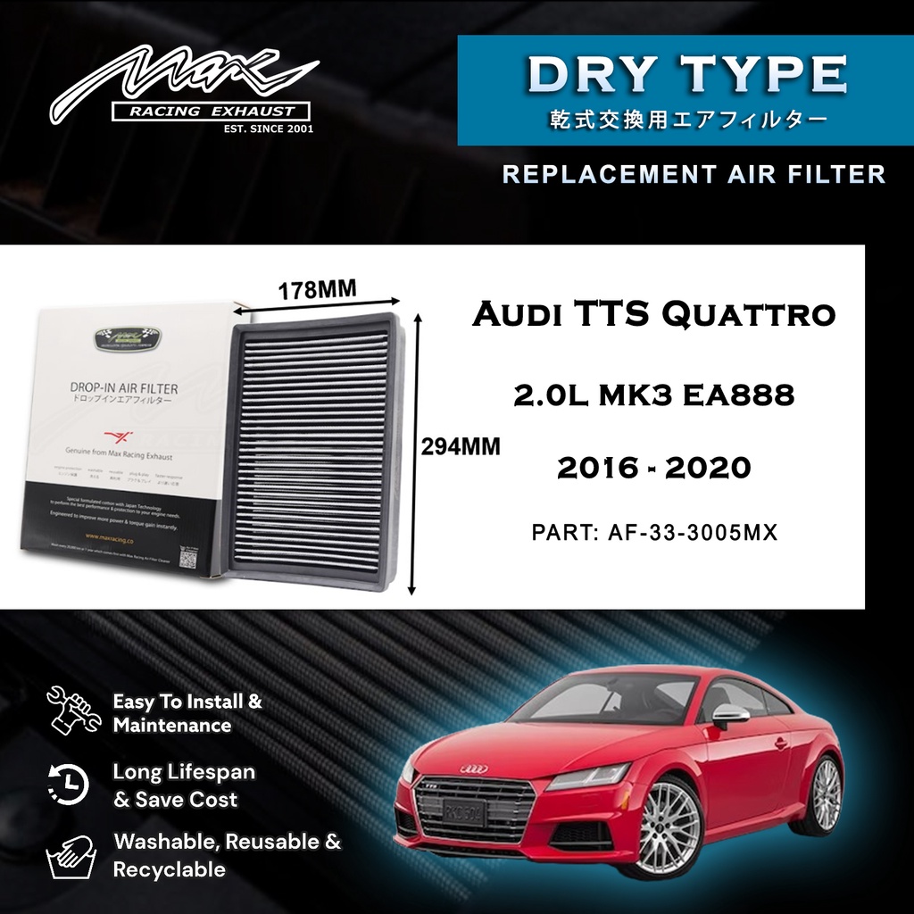 Audi TTS Quattro 2.0L MK3 EA888 2016 ถึง 2020 33-3005MX Max Racing Exhaust Performance Drop-in Dry T