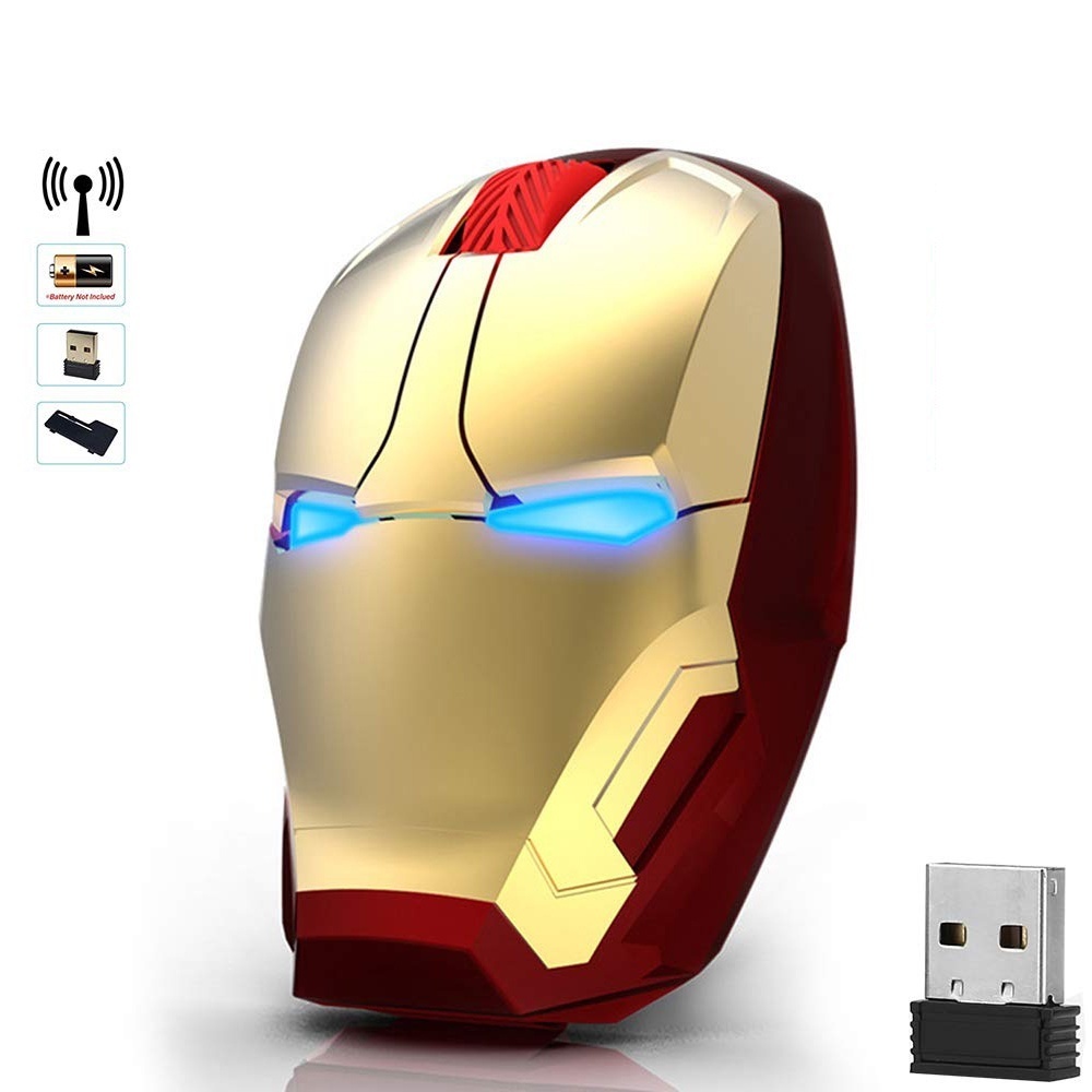 เมาส์เกมมิ่งไร้สาย รูปซุปเปอร์ฮีโร่ Marvel Iron Man ใช้แบตเตอรี่ Led ออกแบบตามสรีรศาสตร์ พร้อมตัวรับสัญญาณ Nano USB สําหรับคอมพิวเตอร์ โน๊ตบุ๊ค พีซี แล็ปท็อป