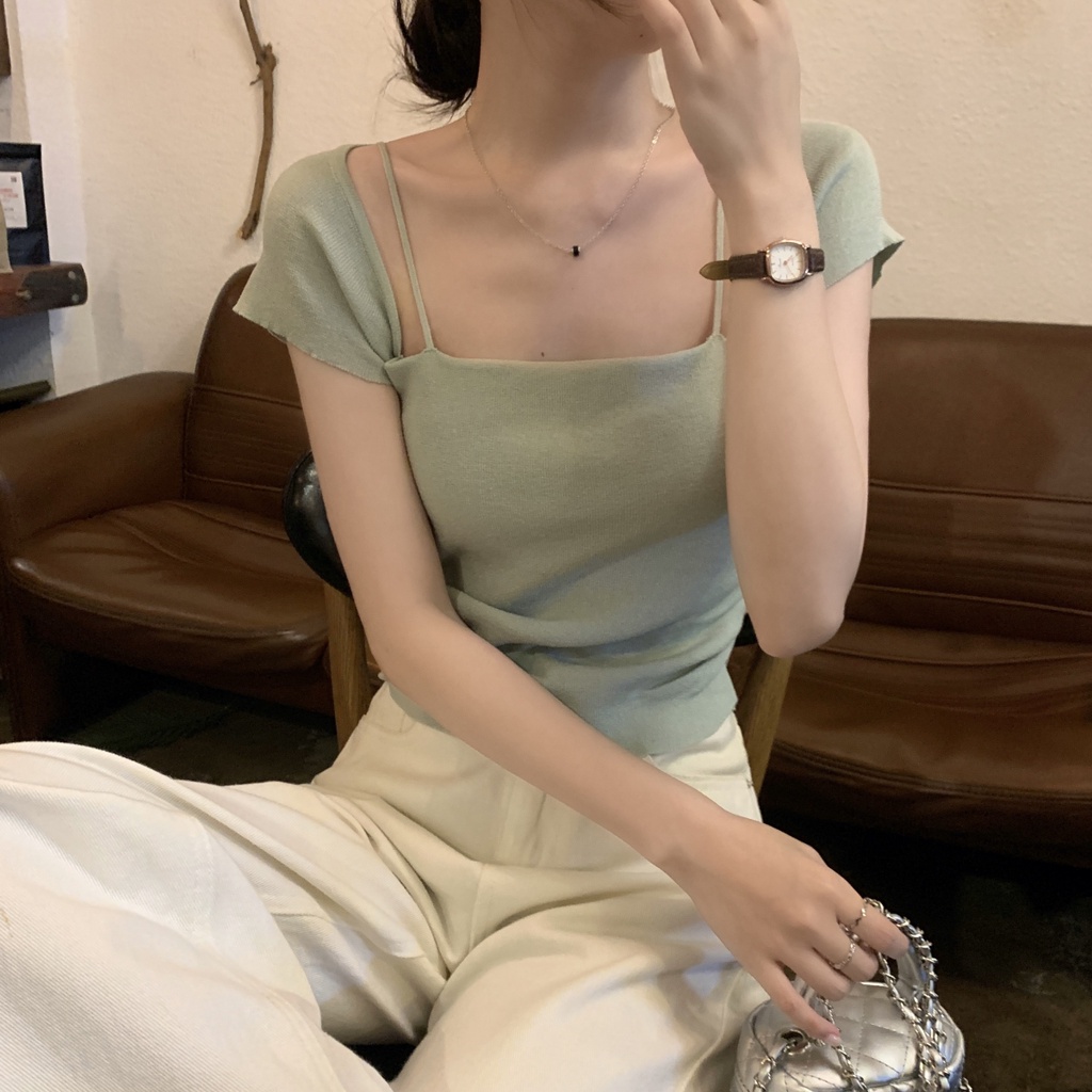 63264 เสื้อกันหนาว แขนสั้น คอสี่เหลี่ยม ผ้าถัก จับจีบ สไตล์เกาหลี แฟชั่นฤดูใบไม้ผลิ และฤดูร้อน