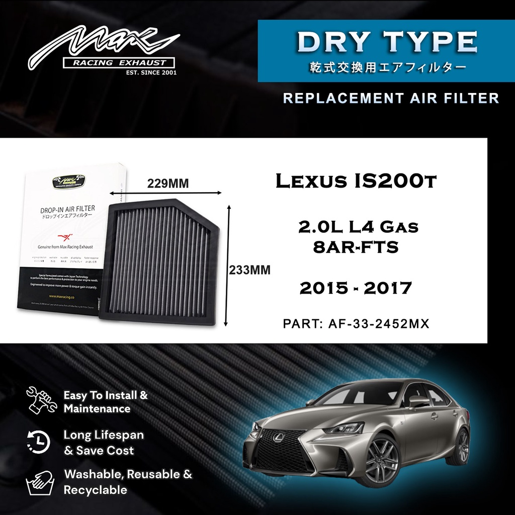 Lexus IS200t 2.0L L4 แก๊ส 8AR-FTS 2015-2017 33-2452MX Max Racing Exhaust Performance Drop-in แห้งประ