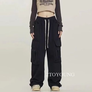 2TOYOUNG กางเกงขายาว คาร์โก้ กางเกง เชือกอเมริกันคลาสิค Cargo pants 2023 NEW 072551