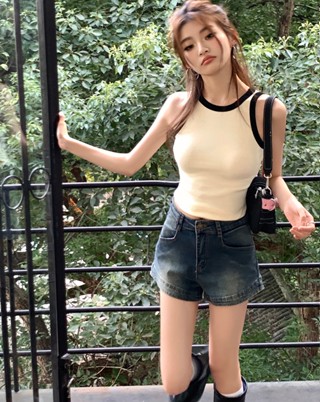 63170 เสื้อยืดสายเดี่ยว ทรง I สีตัดกัน
