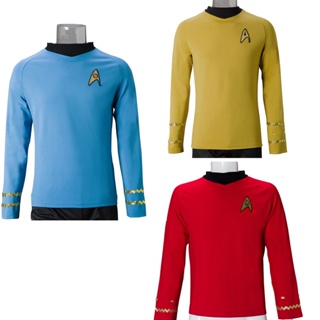 Tos Star Trek เครื่องแต่งกายคอสเพลย์ เสื้อกัปตันเคิร์ก สีเหลือง Spock ชุดยูนิฟอร์มสีแดง สีฟ้า