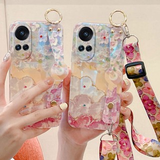 เคสโทรศัพท์มือถือ ซิลิโคนนิ่ม ลายภาพวาดสีน้ํามัน รูปดอกไม้ 3D พร้อมสายคล้องยาว และที่ตั้งวาง สําหรับ OPPO Reno10 Reno10 Pro Reno 10 Pro+ 5G Reno10 Pro 5G