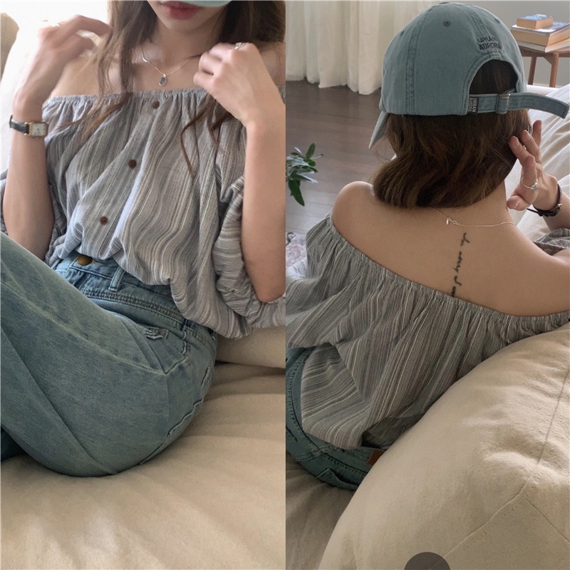 64895 เสื้อเชิ้ตแขนสั้น เปิดไหล่ ผ้าฝ้าย ผ้าลินิน ลายทาง