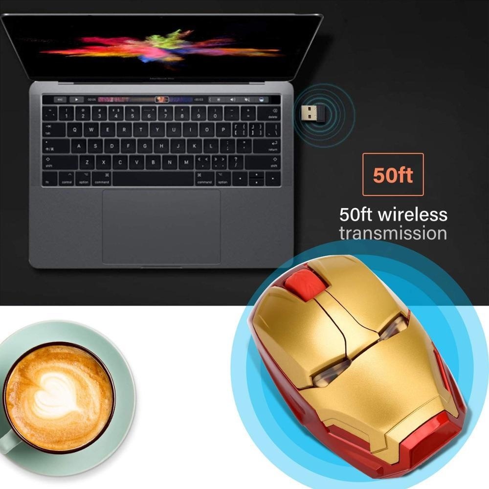 เมาส์เกมมิ่งไร้สาย รูปซุปเปอร์ฮีโร่ Marvel Iron Man ใช้แบตเตอรี่ Led ออกแบบตามสรีรศาสตร์ พร้อมตัวรับสัญญาณ Nano USB สําหรับคอมพิวเตอร์ โน๊ตบุ๊ค พีซี แล็ปท็อป