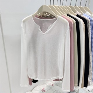 66604 เสื้อยืดแขนยาว คอวี กันแดด แบบบาง สีโปร่งใส แฟชั่นฤดูร้อน