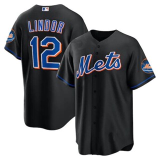 เสื้อเบสบอล พิมพ์ลาย New York Mets Francisco Lindor 12 สีดํา ไซซ์ S-5XL