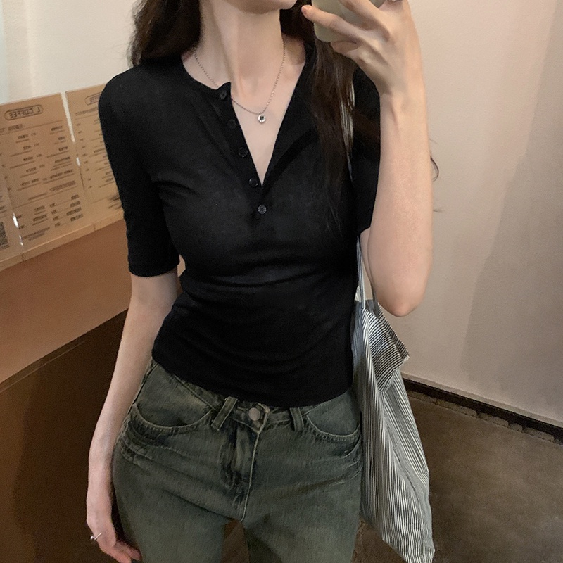 65389 เสื้อยืด คอวี แขนห้าส่วน แบบบาง สําหรับผู้หญิง