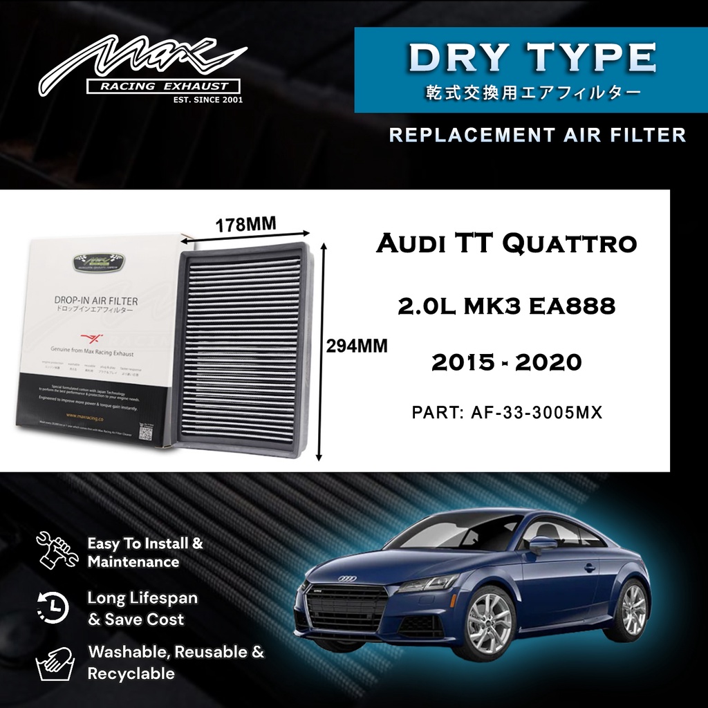 Audi TT Quattro 2.0L MK3 EA888 2015 ถึง 2020 33-3005MX Max Racing Exhaust Performance Drop-in Dry Ty