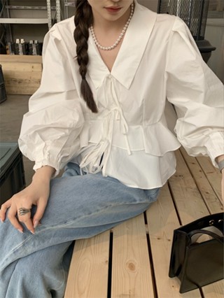66393 เสื้อเชิ้ตแขนยาว ผ้าลูกไม้ ทรงหลวม เข้ากับทุกการแต่งกาย