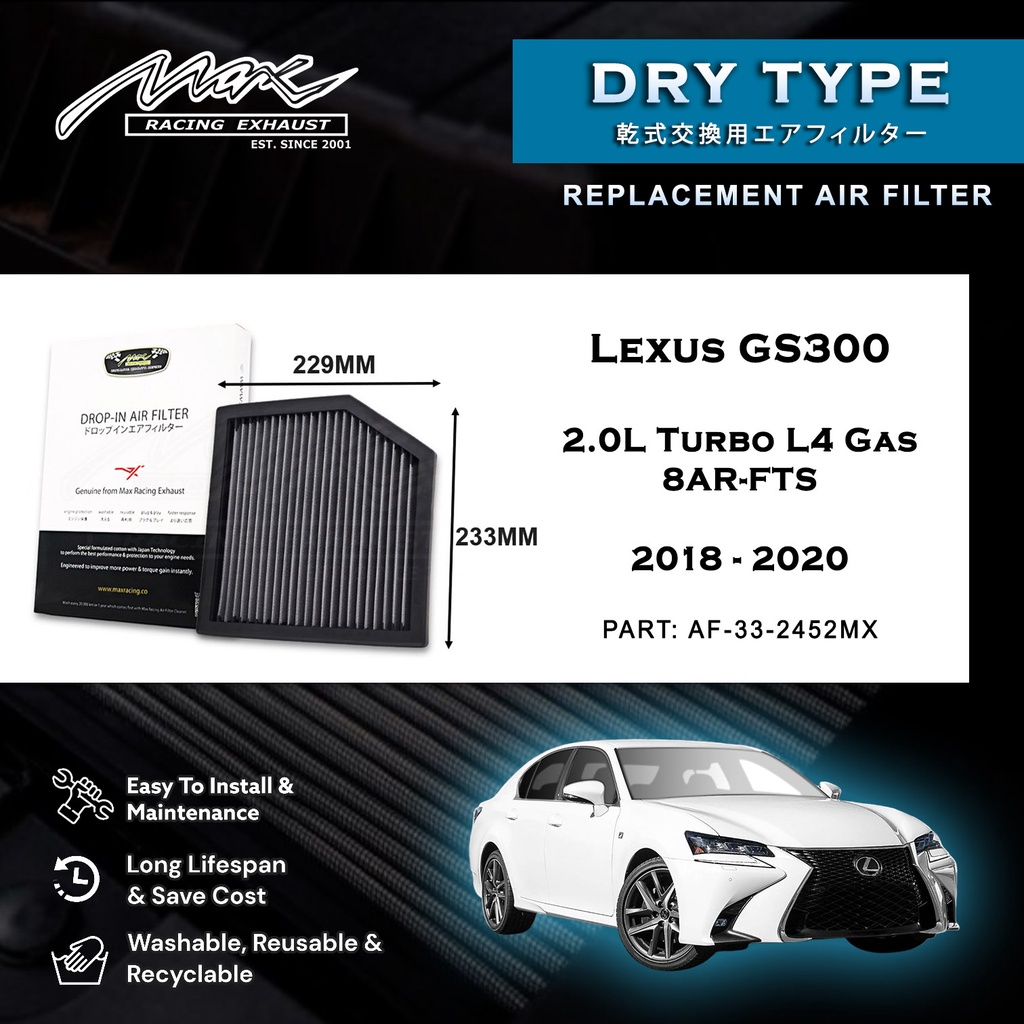 Lexus GS300 2.0L Turbo L4 แก๊ส 8AR-FTS 2018-2020 33-2452MX Max Racing Exhaust Performance Drop-in แห