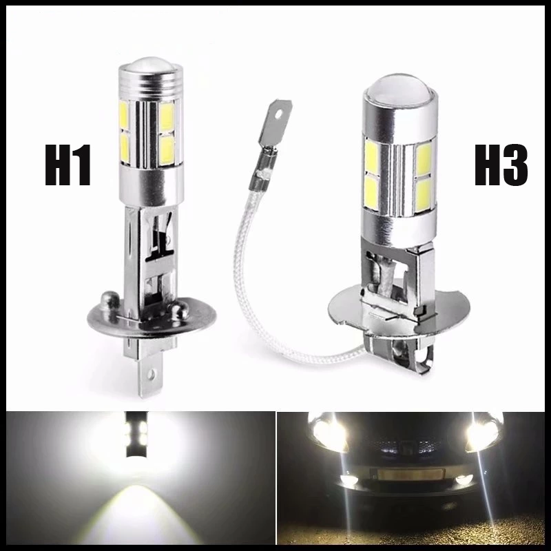 หลอดไฟ LED H1 H3 2 ชิ้น 6000K สีขาว 10-SMD 5630 สำหรับไฟตัดหมอกและไฟส่องสว่างในระหว่างการขับขี่