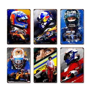 F1 โปสเตอร์โลหะดีบุก ลายกราฟฟิตี้ สไตล์วินเทจ เรโทร สําหรับตกแต่งผนังบ้าน รถแข่ง คลับ