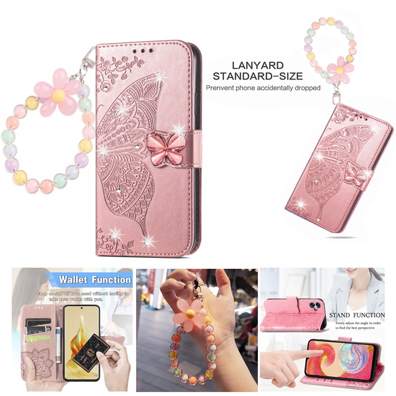 กระเป๋าสตางค์สําหรับ OPPO A5 A3 A3X A60 A40 A80 Reno 13 12 13F 12F Pro Reno13 5G Glitter เพชรผีเสื้อสายรัดข้อมือผู้หญิงหนังพลิกปลอกฝาครอบโทรศัพท์ป้องกัน – โปรปัง