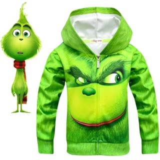 เสื้อกันหนาว เสื้อฮู้ดดี้ แบบสวมหัว มีซิป ลายคริสต์มาส Grinch The How Stole สําหรับเด็ก