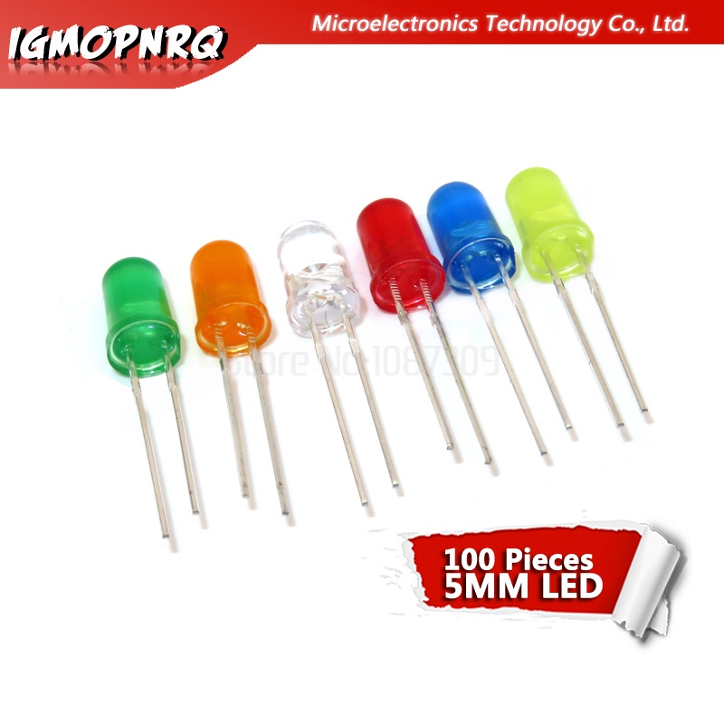 ไดโอดไฟ LED 5 มม. หัวกลม สีแดง เหลือง ขาว เขียว ฟ้า 100 ชิ้น