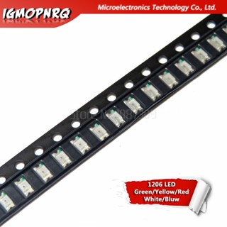 ไดโอดไฟ LED 1206 SMD สีเขียว สีเหลือง สีแดง สีฟ้า สีขาว 100 ชิ้น