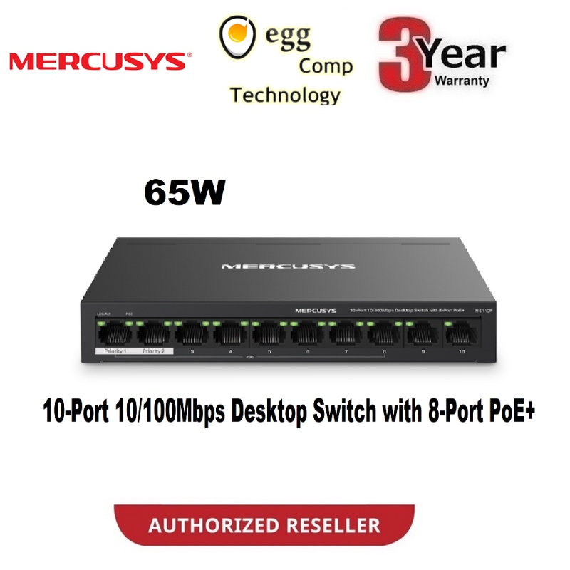 Mercusys MS110P 10-Port 10/100Mbps Desktop Network Plug & Play Lan Switch พร้อม PoE 8-Port+