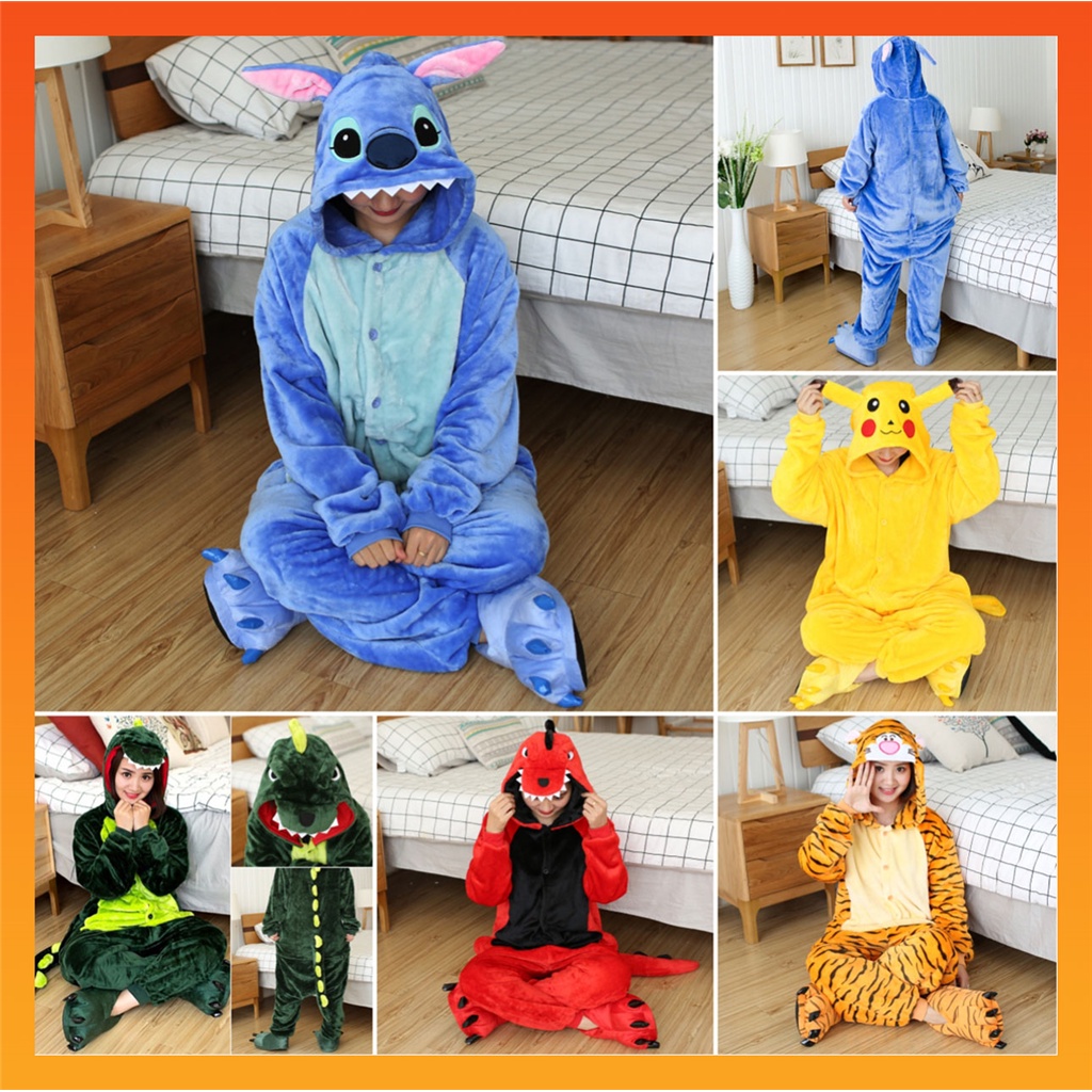 ผู้หญิง ปิกาจู สติตช์ เสือ ไดโนเสาร์ Kigurumi ชุดนอนสัตว์ การ์ตูนน่ารัก อะนิเมะ คอสเพลย์ เครื่องแต่งกาย Unisex ชุดนอน