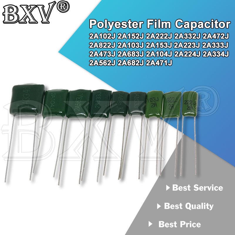 โพลีเอสเตอร์ฟิล์มตัวเก็บประจุ 100V 220nF 330nF 2A224J 2A334J 2A102J 2A152J 2A332J 2A472J 2A822J 2A10