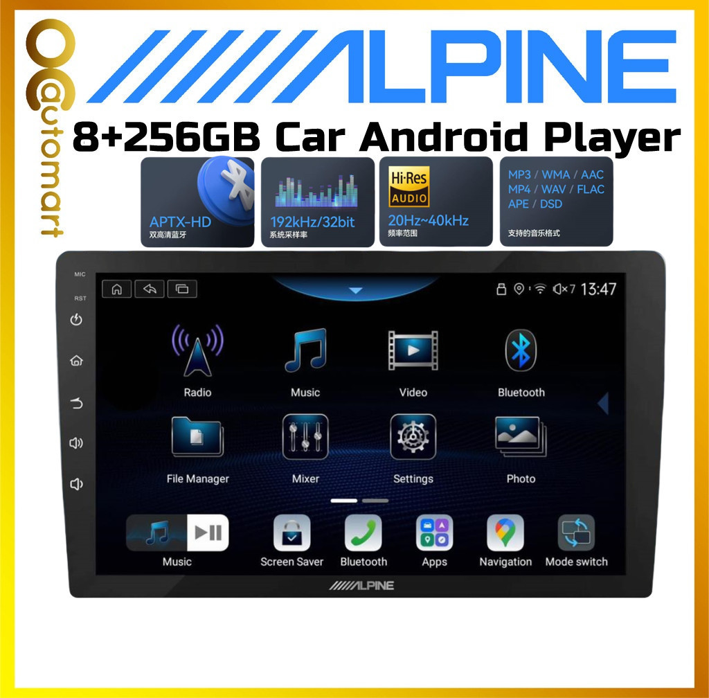 Alpine 8+256GB เครื่องเล่น Android ในรถยนต์ 9" หรือ 10" Ply สําหรับ Toyota Honda Proton Perodua iNE-