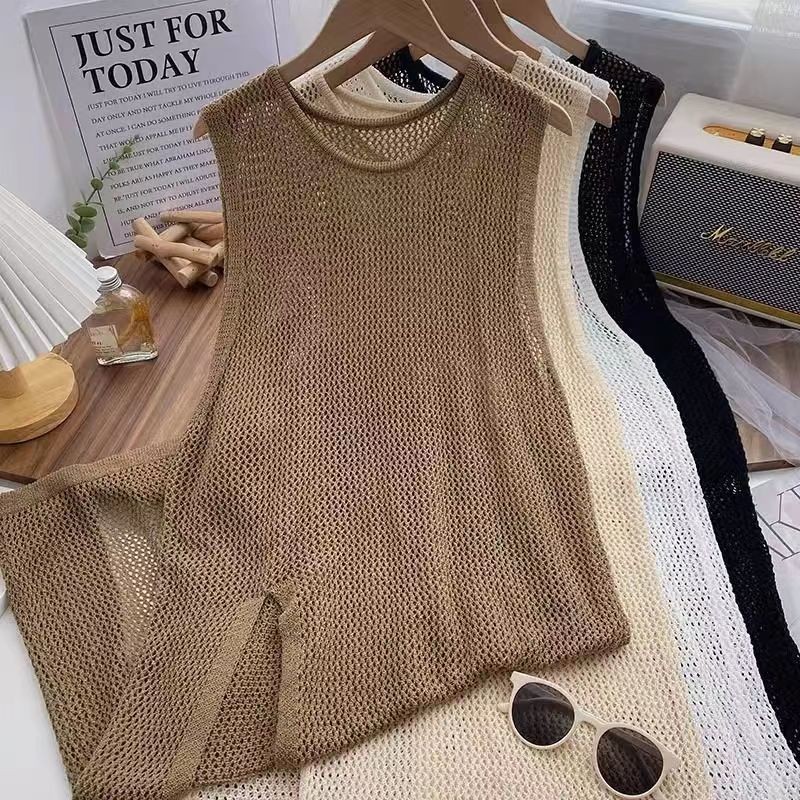 ความรู้สึกการออกแบบแยกกลวงถักเสื้อกั๊กกระโปรงผู้หญิงฤดูร้อนสไตล์ใหม่เวอร์ชั่นเกาหลีหลวมทุกการแข่งขันแขนกุดชุด