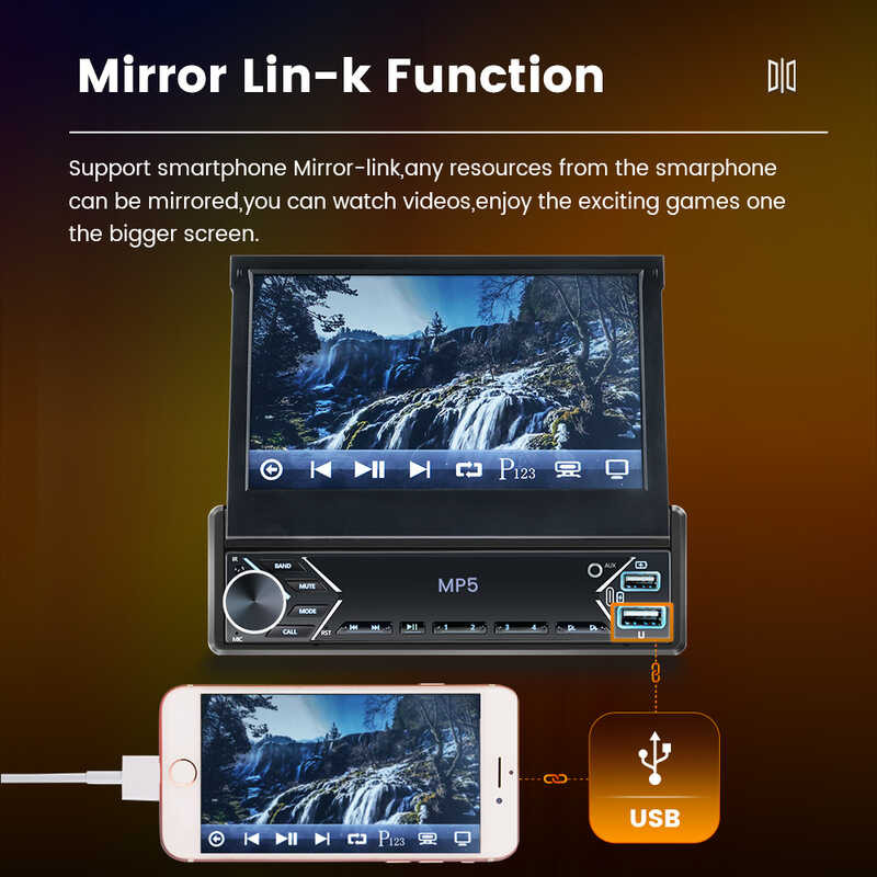 ❤️ 1Din วิทยุติดรถยนต์หน้าจอสัมผัสแบบยืดหดได้7นิ้วอ