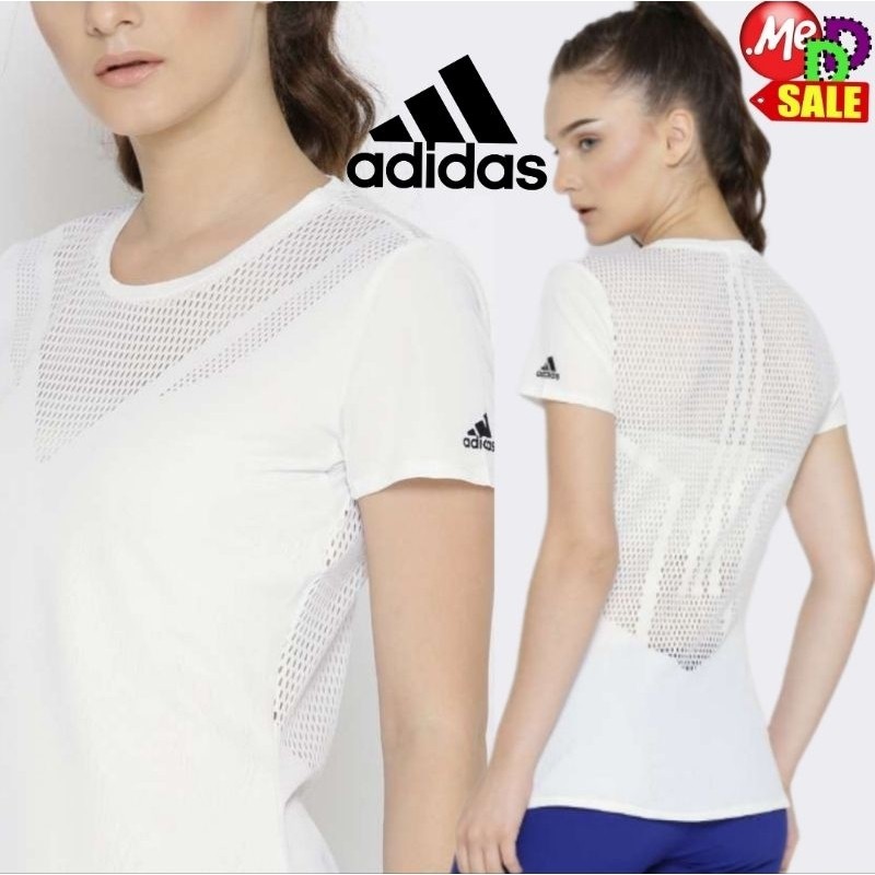 Adidas -ใหม่ นำเข้า เสื้อยืดใส่ออกกำลังกาย/ลำลอง แทรกผ้าตาข่าย สลิมฟิต Adidas Feminine Tee BR9837 C