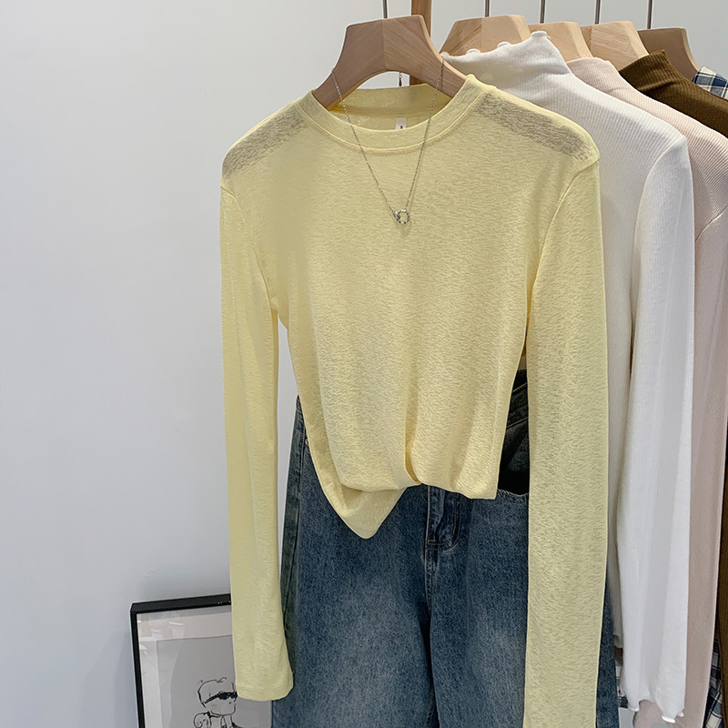 83460 คอกลมสีทึบบางสไตล์แท้ไหล่บางพอดียาว- – โปรปัง