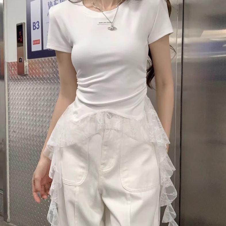 สไตล์สาวร้อนลูกไม้ริบบิ้นแขนสั้นเสื้อยืดผู้หญิงฤดูร้อนสไตล์ใหม่ ซอก ไม่สม่ําเสมอแคบ-เอว ผอมลง ดูสําหรับ