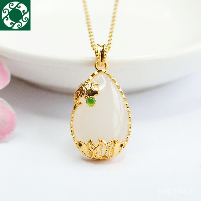 18kจี้หยก Hetian ธรรมชาติฝังทองสร้อยคอปลาคราฟหยดน้ำHT2080407 9TVJ