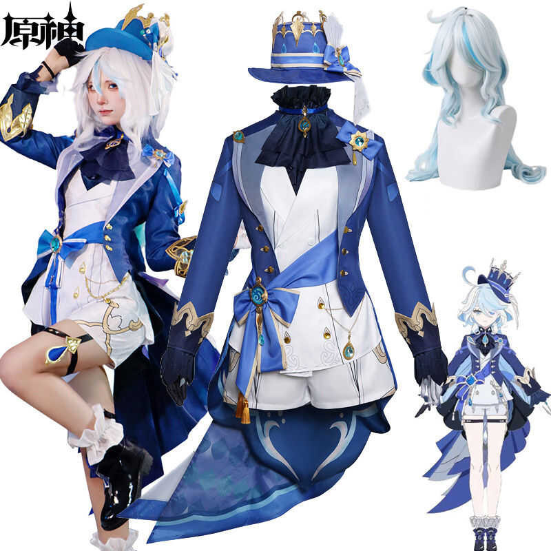 LY Anime Genshin Impact Furina Cosplay Costume With Formal Hat Fontaine God Of Justice Blue Dress W